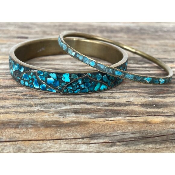 Vintage 1960s Crushed Blue Turquoise India Brass Bangle Bracelets - Picture 14 of 14